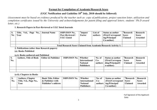Full Signature of the Applicant
Date:
1
Format for Compilation of Academic/Research Score
(UGC Notification and Guideline 18th
July, 2018 should be followed)
(Assessment must be based on evidence produced by the teacher such as: copy of publications, project sanction letter, utilization and
completion certificates issued by the University and acknowledgements for patent filing and approval letters, students’ Ph.D award
letter, etc.)
1. Research Papers in Peer-Reviewed or UGC listed Journals
S.
No.
Title, Vol., Page No.,
Year
Journal Name ISBN/ISSN No.,
Peer-Reviewed /
UGC Listed
1
Impact
Factor
List of
authors
Status as author
(First/Correspond
ing/Principal/
Co-author)
2
Research
Score
Claimed
Research
Score
Awarded
Total Research Score Claimed from Academic/Research Activity 1:
2. Publications (other than Research papers)
(a). Books Published
(a-i). Books authored and Published
S.
No.
Authors, Title of Book Editor & Publisher ISBN/ISSN No. Whether
International/
National
Publishers
No. of
Co-
authors
Status as author
(First/Correspon
ding/Principal/C
o-author)
2
Research
Score
Claimed
Research
Score
Awarded
(a-ii). Chapters in Books
S.
No.
Authors, Chapter
Title, Vol., Page No.,
Year
Book Title, Editor
& Publisher with
Publisher’s address
ISBN/ISSN No. Whether
International/
National
Publishers
No. of
Co-
authors
Status as author
(First/Correspond
ing/Principal/
Co-author)
2
Research
Score
Claimed
Research
Score
Awarded
 