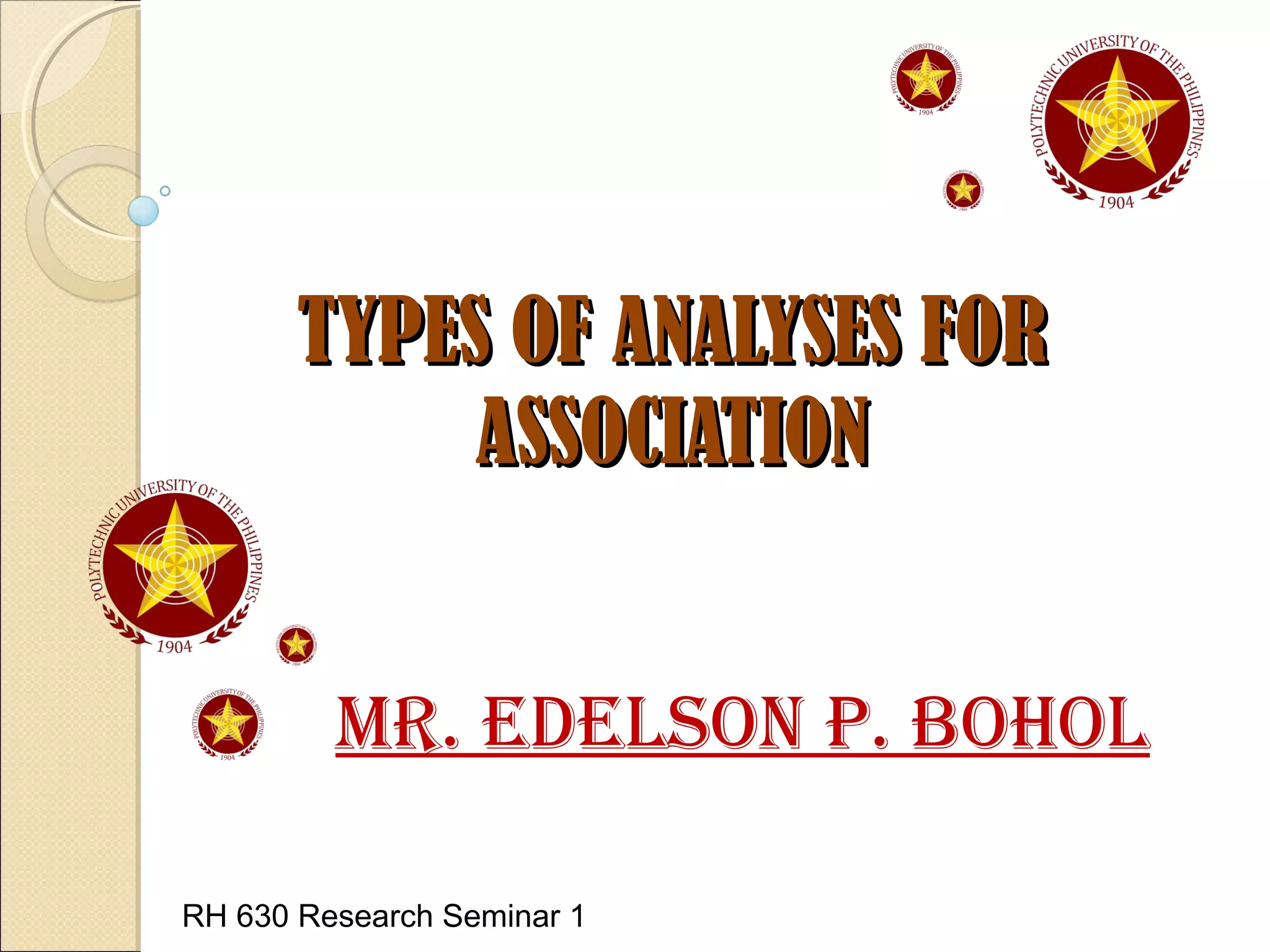 TYPES OF ANALYSES FORTYPES OF ANALYSES FOR
ASSOCIATIONASSOCIATION
MR. EDELSON P. BOHOL
RH 630 Research Seminar 1
 