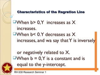 RH 630 Research Seminar 1
When b> 0,Y increases as X
increases.
When b< 0.Y decreases as X
increases, and wa say thatY is inversely
or negatively related to X.
When b = 0,Y is a constant and is
equal to the y-intercept.
Characteristics of the Regration LineCharacteristics of the Regration Line
 