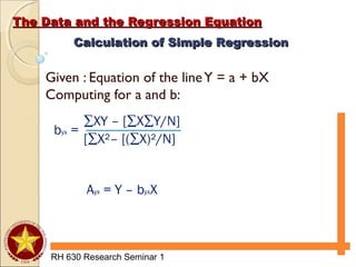 The Data and the Regression EquationThe Data and the Regression Equation
RH 630 Research Seminar 1
Given : Equation of the lineY = a + bX
Computing for a and b:
Calculation of Simple RegressionCalculation of Simple Regression
byx =
∑XY – [∑X∑Y/N]
[∑X²– [(∑X)²/N]
Ayx = Y – byxX
 