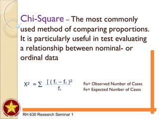RH 630 Research Seminar 1
Chi-Square – The most commonly
used method of comparing proportions.
It is particularly useful in test evaluating
a relationship between nominal- or
ordinal data
Fo= Observed Number of Cases
Fe= Expected Number of Cases
X² = ∑ [ ( fo – fe )²
fe
 