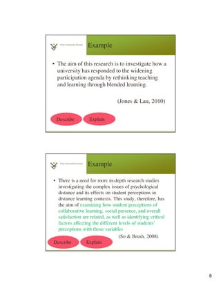 8
Example
• The aim of this research is to investigate how a
university has responded to the widening
participation agenda by rethinking teaching
and learning through blended learning.
(Jones & Lau, 2010)
Describe Explain
Example
• There is a need for more in-depth research studies
investigating the complex issues of psychological
distance and its effects on student perceptions in
distance learning contexts. This study, therefore, has
the aim of examining how student perceptions of
collaborative learning, social presence, and overall
satisfaction are related, as well as identifying critical
factors affecting the different levels of students’
perceptions with those variables
(So & Brush, 2008)
Describe Explain
 