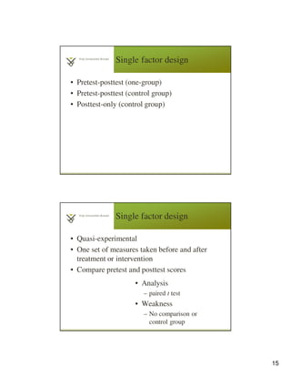 15
• Pretest-posttest (one-group)
• Pretest-posttest (control group)
• Posttest-only (control group)
Single factor design
• Quasi-experimental
• One set of measures taken before and after
treatment or intervention
• Compare pretest and posttest scores
• Analysis
– paired t test
• Weakness
– No comparison or
control group
Single factor design
 