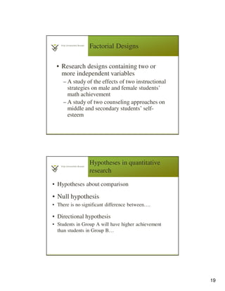 19
Factorial Designs
• Research designs containing two or
more independent variables
– A study of the effects of two instructional
strategies on male and female students’
math achievement
– A study of two counseling approaches on
middle and secondary students’ self-
esteem
Hypotheses in quantitative
research
• Hypotheses about comparison
• Null hypothesis
• There is no significant difference between….
• Directional hypothesis
• Students in Group A will have higher achievement
than students in Group B…
 