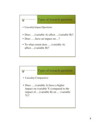 8
Types of research questions
• Causality/impact Questions
• Does ….(variable A) affect….(variable B)?
• Does …..have an impact on…?
• To what extent does ….(variable A)
affect….(variable B)?
Types of research questions
• Causality-Comparative
• Does ….(variable A) have a higher
impact on (variable Y) compared to the
impact of….(variable B) on … (variable
Y)?
 