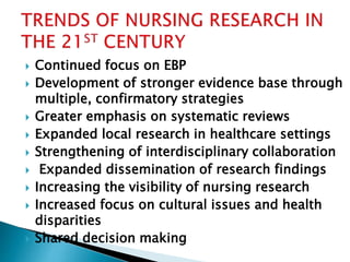  Continued focus on EBP
 Development of stronger evidence base through
multiple, confirmatory strategies
 Greater emphasis on systematic reviews
 Expanded local research in healthcare settings
 Strengthening of interdisciplinary collaboration
 Expanded dissemination of research findings
 Increasing the visibility of nursing research
 Increased focus on cultural issues and health
disparities
 Shared decision making
 