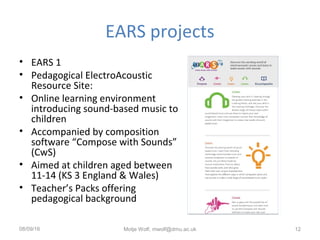 EARS projects
• EARS 1
• Pedagogical ElectroAcoustic
Resource Site:
• Online learning environment
introducing sound-based music to
children
• Accompanied by composition
software “Compose with Sounds”
(CwS)
• Aimed at children aged between
11-14 (KS 3 England & Wales)
• Teacher’s Packs offering
pedagogical background
08/09/16 Motje Wolf, mwolf@dmu.ac.uk 12
 