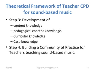 Theoretical Framework of Teacher CPD
for sound-based music
• Step 3: Development of
– content knowledge
– pedagogical content knowledge.
– Curricular knowledge
– Case knowledge
• Step 4: Building a Community of Practice for
Teachers teaching sound-based music.
08/09/16 Motje Wolf, mwolf@dmu.ac.uk 32
 