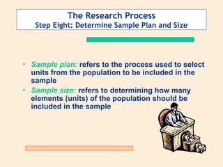 The Research Process
Step Eight: Determine Sample Plan and Size
• Sample plan: refers to the process used to select
units from the population to be included in the
sample
• Sample size: refers to determining how many
elements (units) of the population should be
included in the sample
 