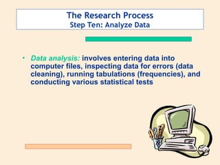 The Research Process
Step Ten: Analyze Data
• Data analysis: involves entering data into
computer files, inspecting data for errors (data
cleaning), running tabulations (frequencies), and
conducting various statistical tests
 