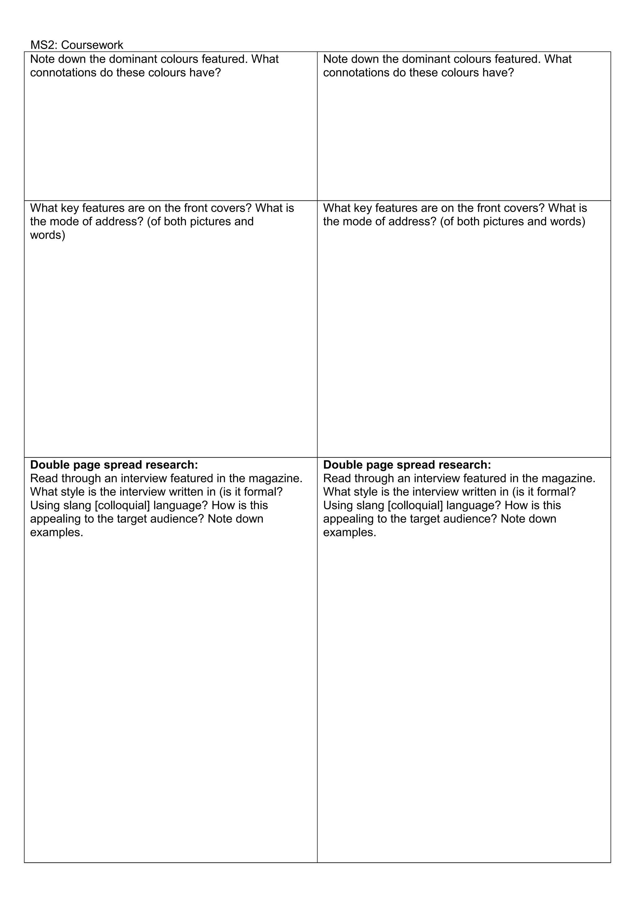 MS2: Coursework
Note down the dominant colours featured. What
connotations do these colours have?

Note down the dominant colours featured. What
connotations do these colours have?

What key features are on the front covers? What is
the mode of address? (of both pictures and
words)

What key features are on the front covers? What is
the mode of address? (of both pictures and words)

Double page spread research:
Read through an interview featured in the magazine.
What style is the interview written in (is it formal?
Using slang [colloquial] language? How is this
appealing to the target audience? Note down
examples.

Double page spread research:
Read through an interview featured in the magazine.
What style is the interview written in (is it formal?
Using slang [colloquial] language? How is this
appealing to the target audience? Note down
examples.

 