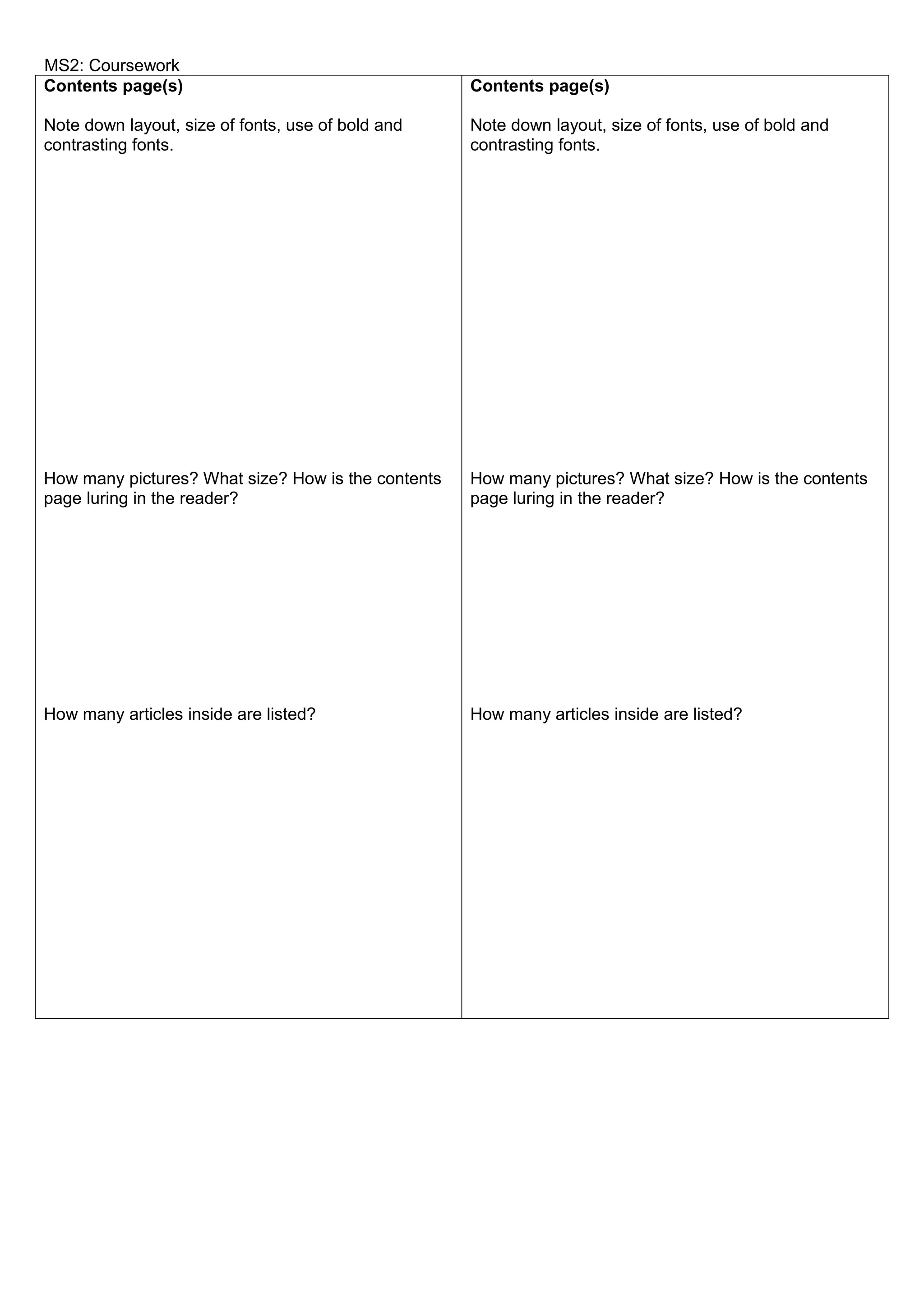 MS2: Coursework
Contents page(s)

Contents page(s)

Note down layout, size of fonts, use of bold and
contrasting fonts.

Note down layout, size of fonts, use of bold and
contrasting fonts.

How many pictures? What size? How is the contents
page luring in the reader?

How many pictures? What size? How is the contents
page luring in the reader?

How many articles inside are listed?

How many articles inside are listed?

 
