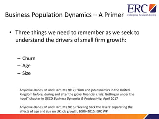 Business Population Dynamics – A Primer
• Three things we need to remember as we seek to
understand the drivers of small firm growth:
– Churn
– Age
– Size
Anyadike-Danes, M and Hart, M (2017) “Firm and job dynamics in the United
Kingdom before, during and after the global financial crisis: Getting in under the
hood” chapter in OECD Business Dynamics & Productivity, April 2017
Anyadike-Danes, M and Hart, M (2016) “Peeling back the layers: separating the
effects of age and size on UK job growth, 2008–2015, ERC WP
 