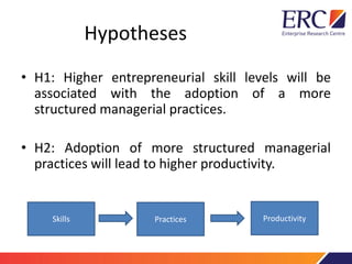 Hypotheses
• H1: Higher entrepreneurial skill levels will be
associated with the adoption of a more
structured managerial practices.
• H2: Adoption of more structured managerial
practices will lead to higher productivity.
Skills Practices Productivity
 