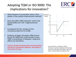 Adopting TQM or ISO 9000: The
implications for innovation?
• What happens to innovation when a firm
adopts a new quality improvement method?
• Does this effect differ between ’hard’ (rule
based) QIMs and ‘soft’ (organisational)
QIMs?
• Considered this for sample of Irish
manufacturing firms (n=1358)
• Evidence of larger disruption effects from
(hard) ISO 9000 than (soft) Quality Circles.
TQM is somewhere in between. Long term
effects are beneficial.
• Lesson: Quality improvement and innovation
should be considered together. Anticipate a
short-term hit too.
Time
Innovation
Output
A B
I1
I2
I3
Source: Bourke, J and Roper, S (2017)
Innovation, quality management and learning:
short-term and longer-term effects, Research
Policy, forthcoming but available on-line.
 
