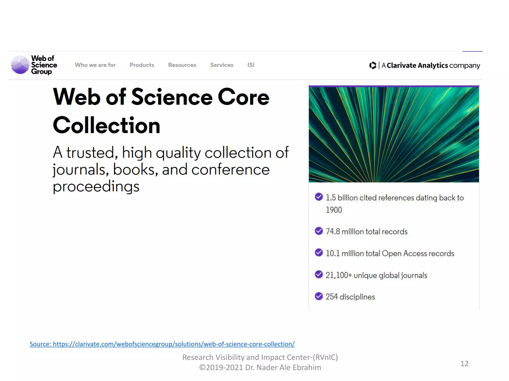 Research Visibility and Impact Center-(RVnIC)
©2019-2021 Dr. Nader Ale Ebrahim 12
Source: https://clarivate.com/webofsciencegroup/solutions/web-of-science-core-collection/
 