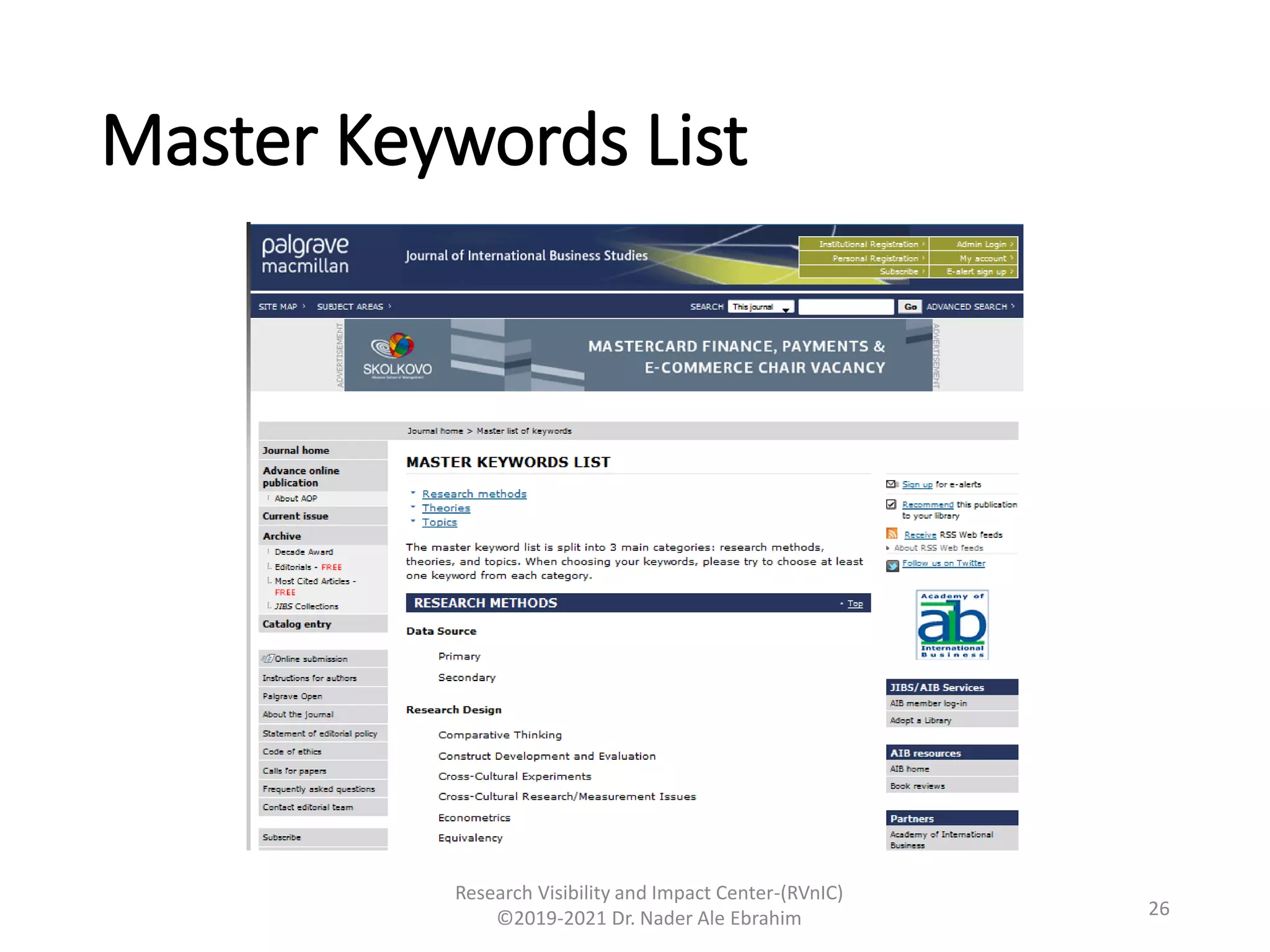 Master Keywords List
Research Visibility and Impact Center-(RVnIC)
©2019-2021 Dr. Nader Ale Ebrahim 26
 
