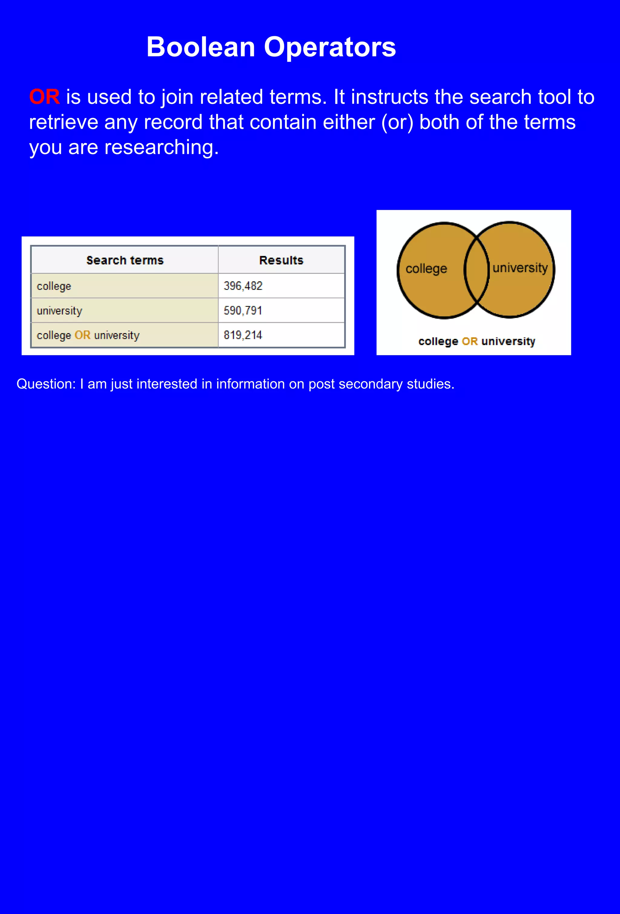 Boolean OperatorsOR is used to join related terms. It instructs the search tool to retrieve any record that contain either (or) both of the terms you are researching.Question: I am just interested in information on post secondary studies.