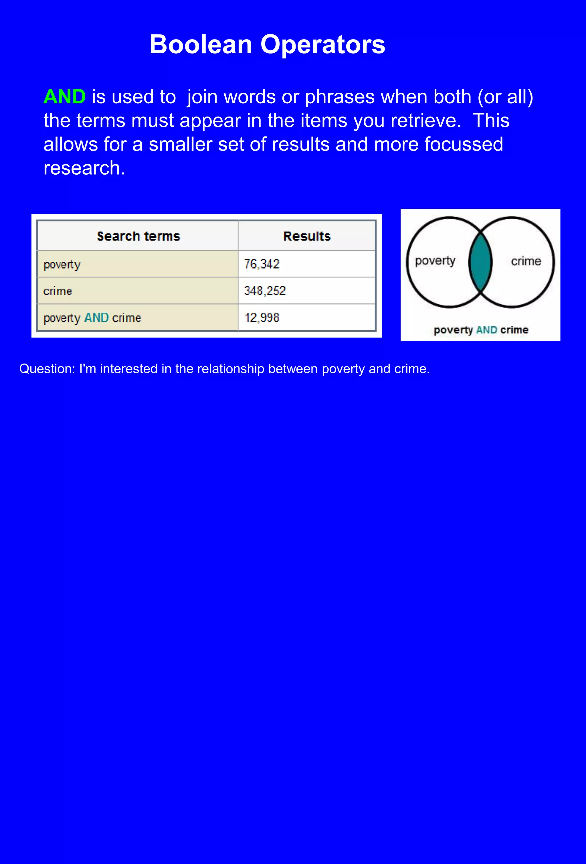 Boolean OperatorsAND is used to  join words or phrases when both (or all) the terms must appear in the items you retrieve.  This allows for a smaller set of results and more focussed research.Question: I'm interested in the relationship between poverty and crime.