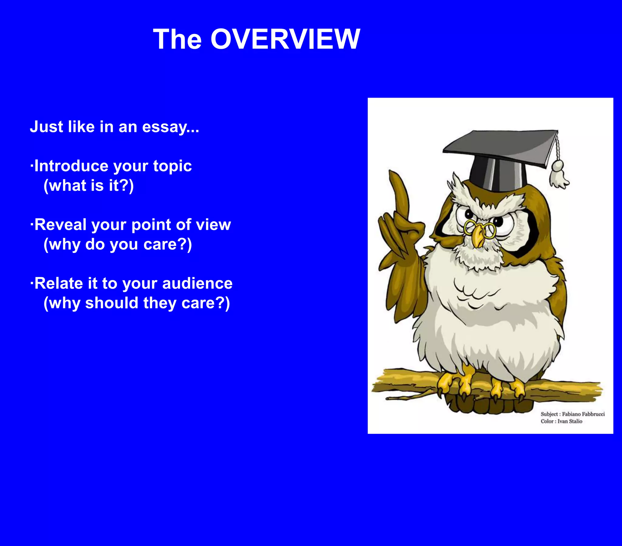 The OVERVIEWJust like in an essay...·Introduce your topic    (what is it?)·Reveal your point of view      (why do you care?)·Relate it to your audience    (why should they care?)