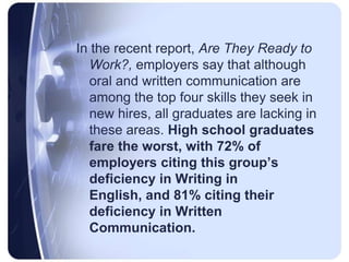 In the recent report, Are They Ready to Work?, employers say that although oral and written communication are among the top four skills they seek in new hires, all graduates are lacking in these areas. High school graduates fare the worst, with 72% of employers citing this group’s deficiency in Writing in English, and 81% citing their deficiency in Written Communication.