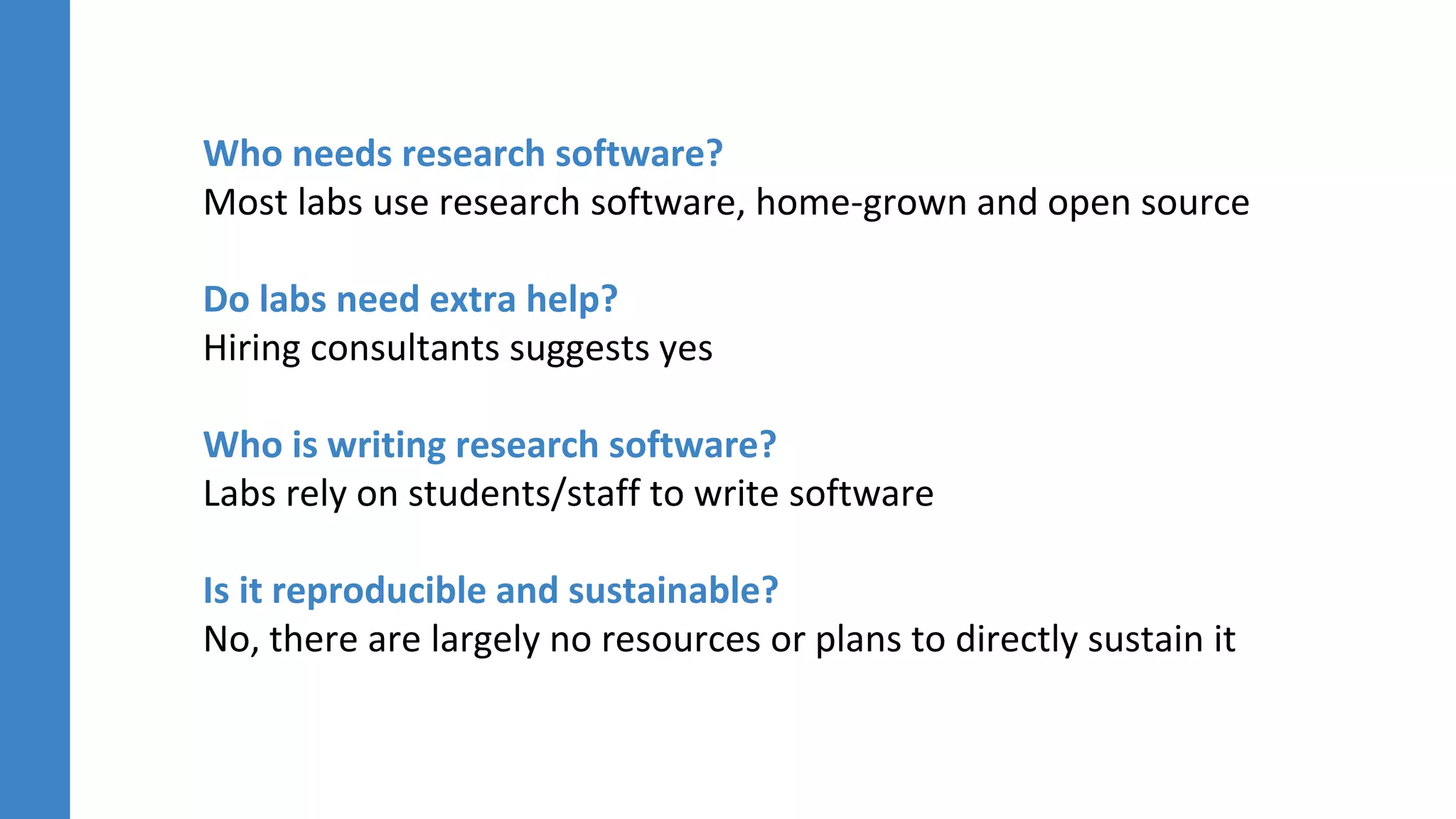 Who needs research software?
Most labs use research software, home-grown and open source
Do labs need extra help?
Hiring consultants suggests yes
Who is writing research software?
Labs rely on students/staff to write software
Is it reproducible and sustainable?
No, there are largely no resources or plans to directly sustain it
 