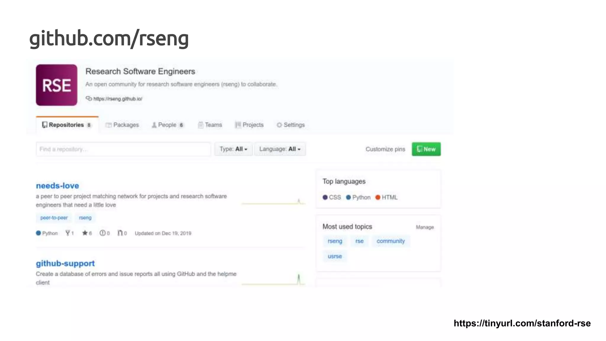 https://tinyurl.com/stanford-rse
github.com/rseng
 