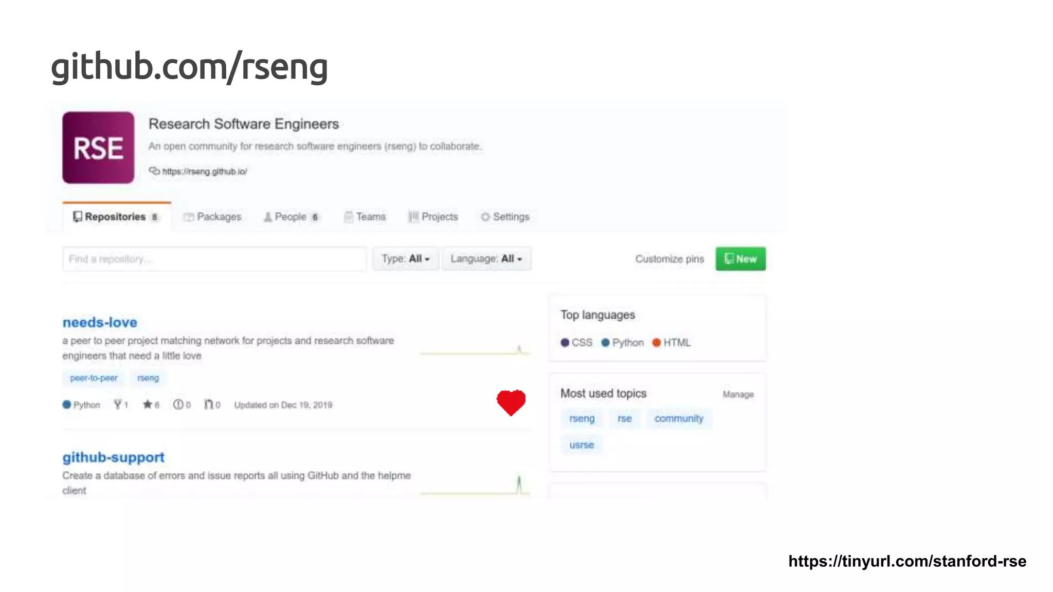 https://tinyurl.com/stanford-rse
github.com/rseng
 