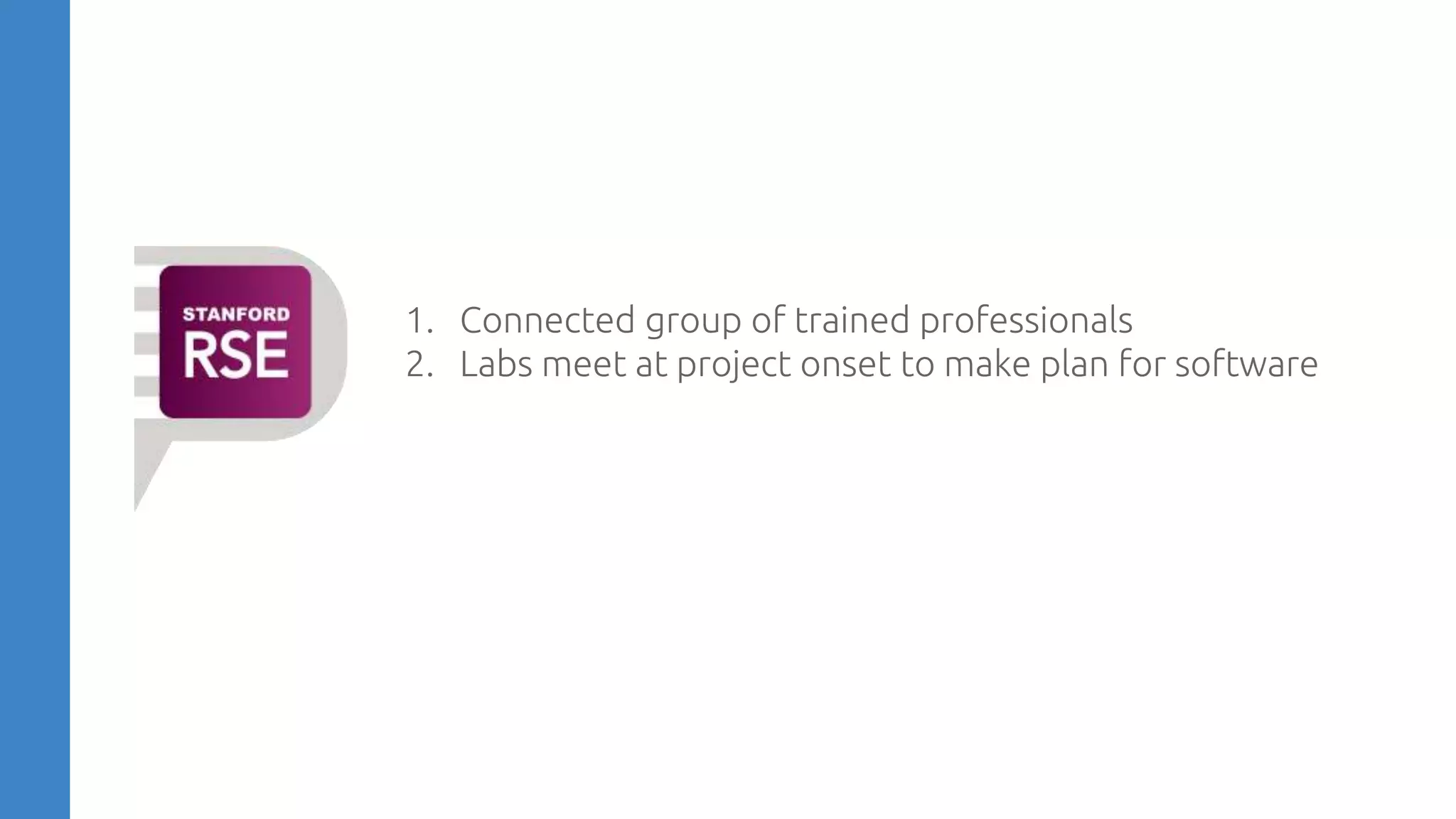 1. Connected group of trained professionals
2. Labs meet at project onset to make plan for software
 