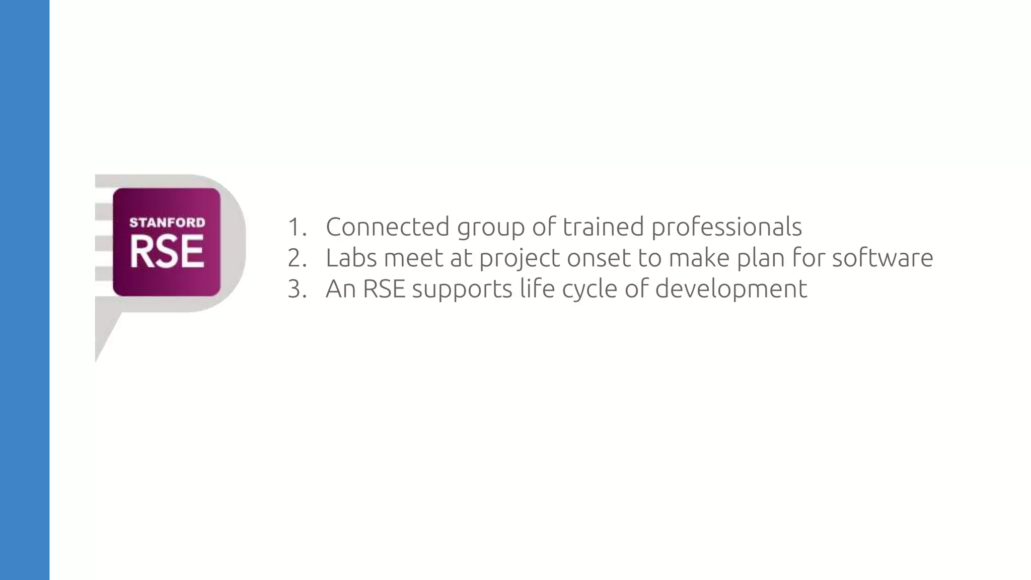 1. Connected group of trained professionals
2. Labs meet at project onset to make plan for software
3. An RSE supports life cycle of development
 