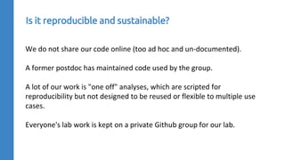 We do not share our code online (too ad hoc and un-documented).
A former postdoc has maintained code used by the group.
A lot of our work is "one off" analyses, which are scripted for
reproducibility but not designed to be reused or flexible to multiple use
cases.
Everyone's lab work is kept on a private Github group for our lab.
Is it reproducible and sustainable?
 