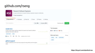 https://tinyurl.com/stanford-rse
github.com/rseng
 