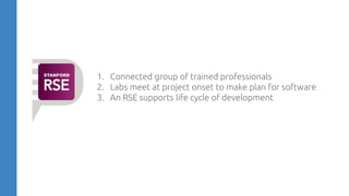 1. Connected group of trained professionals
2. Labs meet at project onset to make plan for software
3. An RSE supports life cycle of development
 