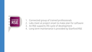 1. Connected group of trained professionals
2. Labs meet at project onset to make plan for software
3. An RSE supports life cycle of development
4. Long term maintenance is provided by Stanford RSE
 