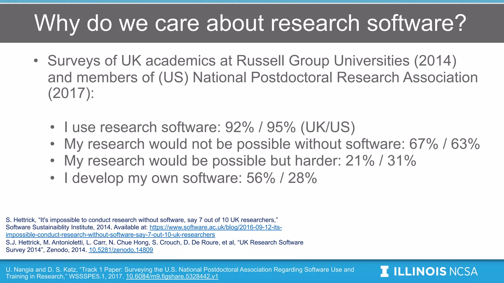 Why do we care about research software?
• Surveys of UK academics at Russell Group Universities (2014)
and members of (US) National Postdoctoral Research Association
(2017):
• I use research software: 92% / 95% (UK/US)
• My research would not be possible without software: 67% / 63%
• My research would be possible but harder: 21% / 31%
• I develop my own software: 56% / 28%
S. Hettrick, “It's impossible to conduct research without software, say 7 out of 10 UK researchers,”
Software Sustainaiblity Institute, 2014. Available at: https://www.software.ac.uk/blog/2016-09-12-its-
impossible-conduct-research-without-software-say-7-out-10-uk-researchers
S.J. Hettrick, M. Antonioletti, L. Carr, N. Chue Hong, S. Crouch, D. De Roure, et al, “UK Research Software
Survey 2014”, Zenodo, 2014. 10.5281/zenodo.14809
U. Nangia and D. S. Katz, “Track 1 Paper: Surveying the U.S. National Postdoctoral Association Regarding Software Use and
Training in Research,” WSSSPE5.1, 2017. 10.6084/m9.figshare.5328442.v1
 