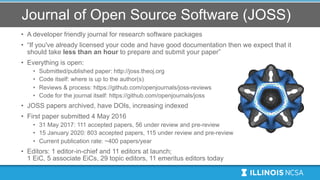Journal of Open Source Software (JOSS)
• A developer friendly journal for research software packages
• “If you've already ...