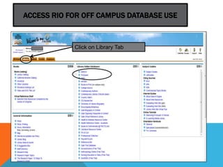 ACCESS RIO FOR OFF CAMPUS DATABASE USE



            Click on Library Tab
 