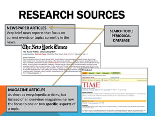 RESEARCH SOURCES
NEWSPAPER ARTICLES
Very brief news reports that focus on         SEARCH TOOL:
current events or topics currently in the      PERIODICAL
news.                                           DATABASE




MAGAZINE ARTICLES
As short as encyclopedia articles, but
instead of an overview, magazines narrow
the focus to one or two specific aspects of
a topic.
 