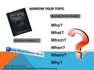 NARROW YOUR TOPIC
                                                        Questions To Ask Yourself



                                                        Who?
                                                        What?
            Background Research                         Which?
                                                        When?
                                                        Where?
                                                        Why?
Source: OSU Tutorial from
liblearn.osu.edu/courses/english110/old%20stuff/narrow_topic.ppt
 