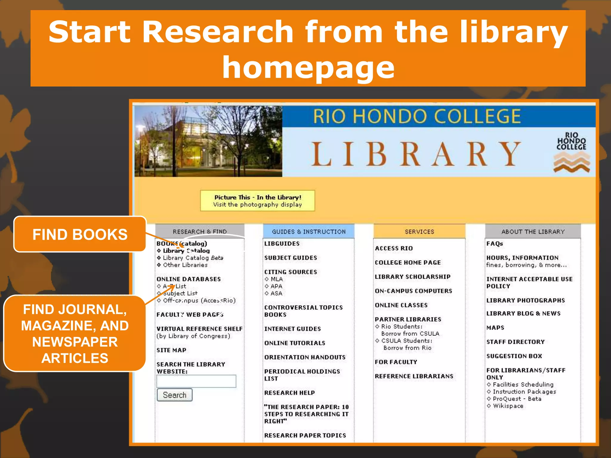 Start Research from the library homepageFIND BOOKSFIND JOURNAL, MAGAZINE, AND NEWSPAPER ARTICLES