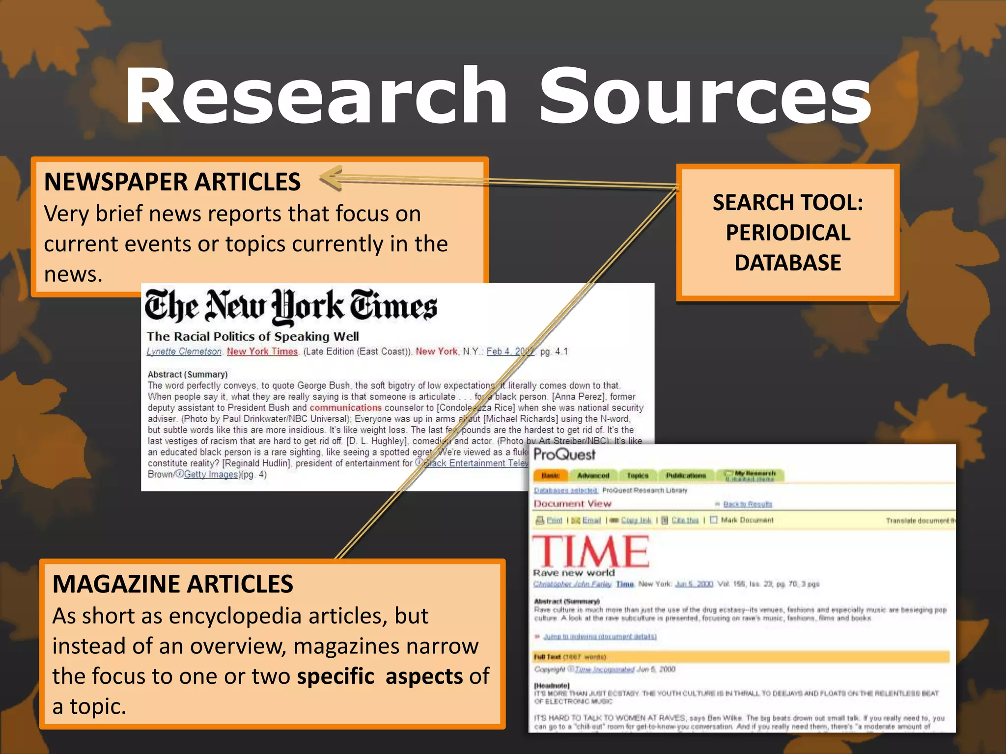 Research SourcesNEWSPAPER ARTICLESVery brief news reports that focus on current events or topics currently in the news. SEARCH TOOL:PERIODICAL DATABASEMAGAZINE ARTICLESAs short as encyclopedia articles, but instead of an overview, magazines narrow the focus to one or two specific  aspects of a topic. 