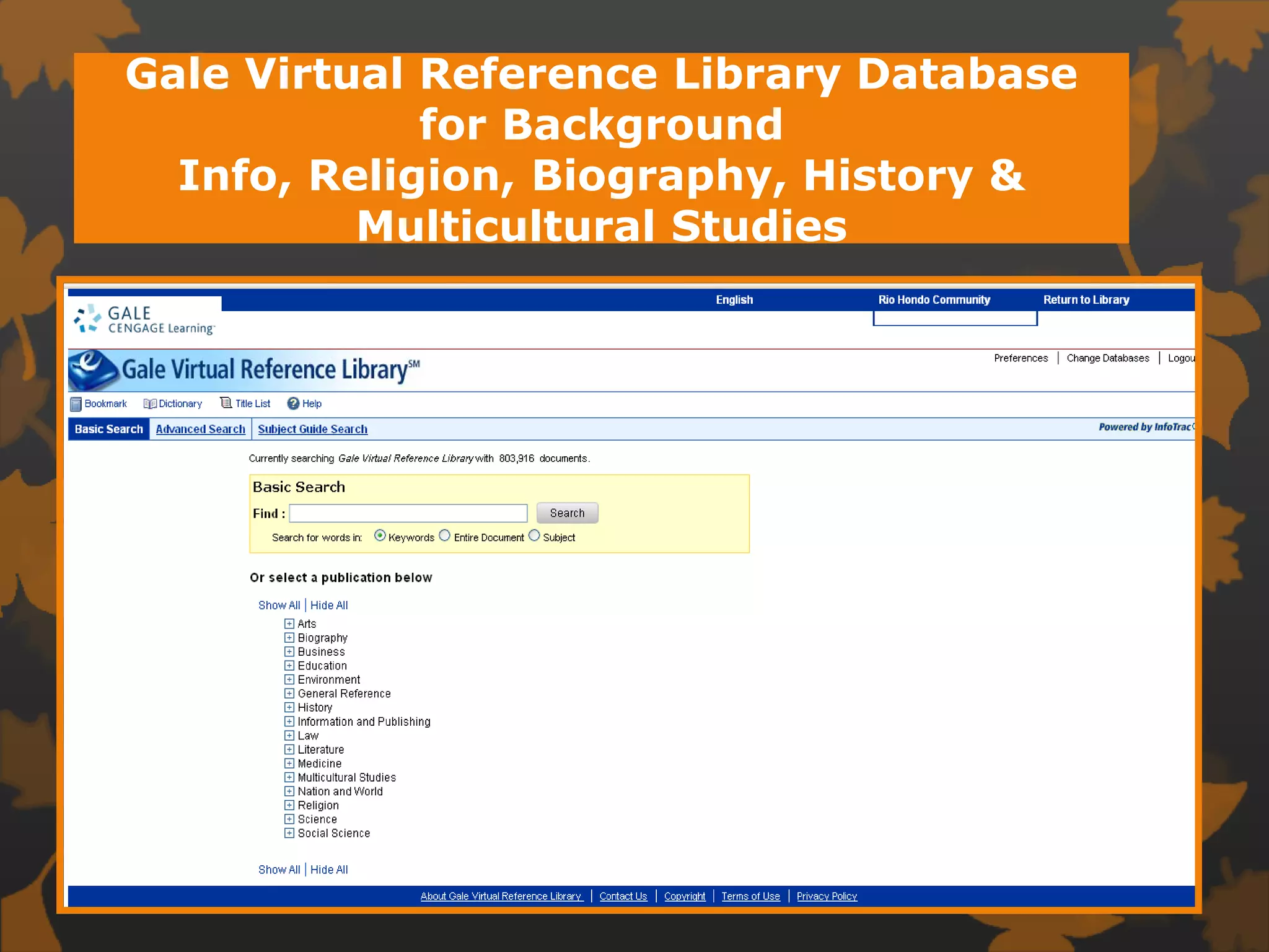 Gale Virtual Reference Library Database for Background Info, Religion, Biography, History & Multicultural Studies 