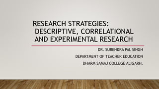 RESEARCH STRATEGIES:
DESCRIPTIVE, CORRELATIONAL
AND EXPERIMENTAL RESEARCH
DR. SURENDRA PAL SINGH
DEPARTMENT OF TEACHER EDUCATION
DHARM SAMAJ COLLEGE ALIGARH.
 