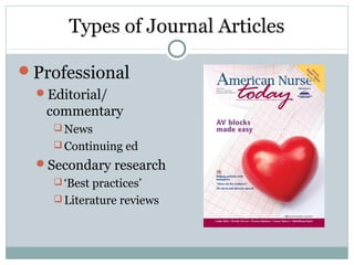 Professional
Editorial/
commentary
 News
 Continuing ed
Secondary research
 ‘Best practices’
 Literature reviews
Types of Journal Articles
 
