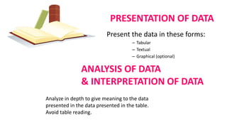 PRESENTATION OF DATA
Present the data in these forms:
– Tabular
– Textual
– Graphical (optional)
ANALYSIS OF DATA
& INTERPRETATION OF DATA
Analyze in depth to give meaning to the data
presented in the data presented in the table.
Avoid table reading.
 