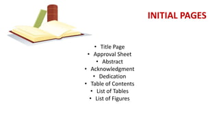 INITIAL PAGES
• Title Page
• Approval Sheet
• Abstract
• Acknowledgment
• Dedication
• Table of Contents
• List of Tables
• List of Figures
 