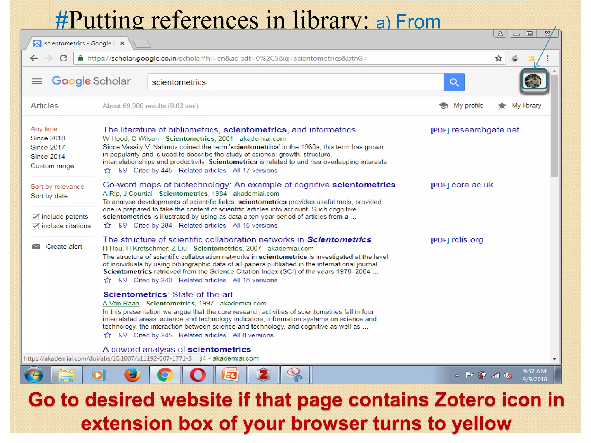 Go to desired website if that page contains Zotero icon in
extension box of your browser turns to yellow
#Putting references in library: a) From
Websites
 