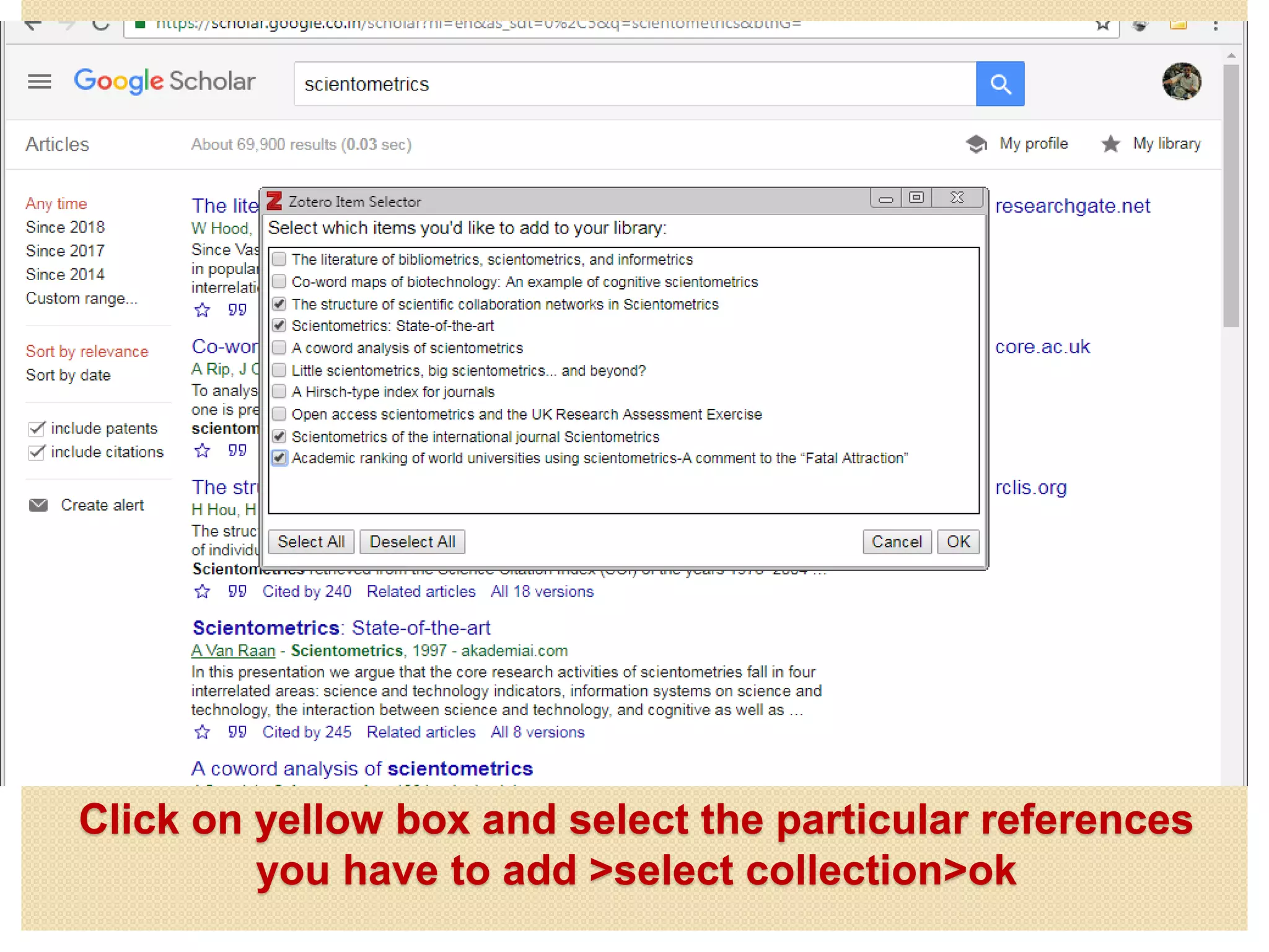 Click on yellow box and select the particular references
you have to add >select collection>ok
 