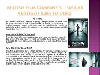 The facility
At a medical hospital, a group of seven strangers begin a clinical trial
for the experimental new drug called Pro-9. As the untested drug
begins to course through their veins, unexpected side-effects start to
take hold and several of the volunteers are sent into an uncontrollable
murderous rage.
How successful the facility was?
They did not make much success as a there are no statistics from the
box office. The DVD however wold have made them money through
selling to different company’s and country’s, so still could have made
a profit.
How it is similar to our film?
This film is similar to ours, which is made my Vertigo. This is because
the facility involves a drug, where we have a toxin which is injected
into our victims. The facility is a thriller film targeted at 18 where as
our audience is 15. Therefore the audience is slightly different since
their effects and shots portray more murderous shots in contrast to
us. Our film illustrates the mission of Sean as a detective. The drug is
similar to Sebastian’s which shows the film is similar in terms of the
sadistic toxin which poisons people to their death.
 