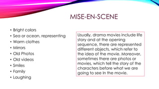 MISE-EN-SCENE
•
•
•
•
•
•
•
•
•

Bright colors
Sea or ocean, representing
Warm clothes
Mirrors
Old Photos
Old videos
Smiles
Family
Laughing

Usually, drama movies include life
story and at the opening
sequence, there are represented
different objects, which refer to
the idea of the movie. Moreover,
sometimes there are photos or
movies, which tell the story of the
characters before what we are
going to see In the movie.

 